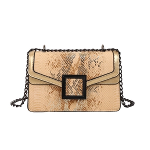 Chic beige and brown snakeskin crossbody bag with golden trim and metal chain strap