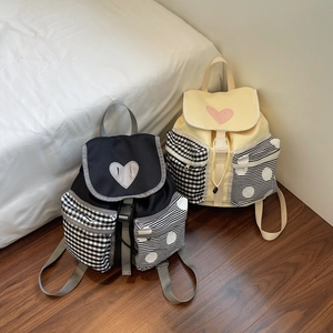 Cute heart-decorated backpack with blue plaid pockets and large capacity for school students