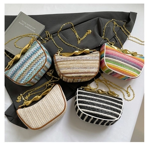 Vue détaillée de sacs tressés multicolores avec poignées et chaînes dorées élégantes