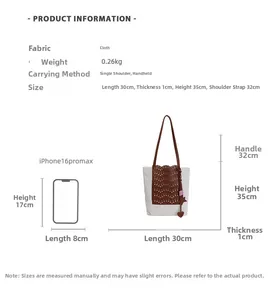 Detailed size chart of a white canvas tote bag with brown leather hollowed-out design