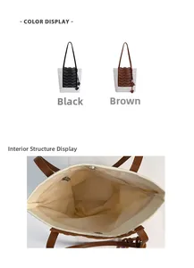 Detail view of canvas tote bag showing interior lining and black and brown color options