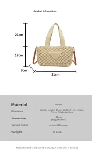 Detailansicht der Strohtasche mit Maßen 31x17x8cm und braunen Schultergurten für Damen