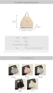 Detailed dimension chart and color guide for the nylon drawstring shoulder tote bag