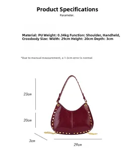 Detailed size specifications and material info for the wine red PU leather rivet bag