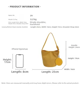 Detailed size specifications and weight info for yellow matte PU leather bucket bag