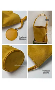 Detail view of vintage yellow bucket bag featuring precision stitching and suede texture