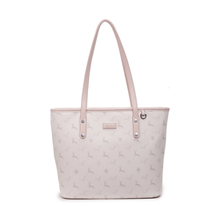 Pink deer print large capacity tote bag with long leather handles on white background