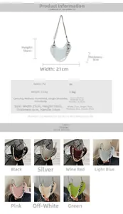 Scheda tecnica della borsa a cuore in pelle PU con dimensioni e varianti di colore
