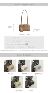 Tabella taglie dettagliata per borsa baguette in PU con dimensioni e colori diversi