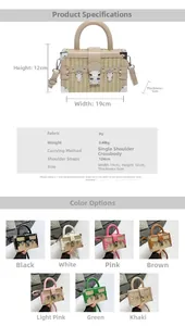 Detailed size specifications and color options for woven straw box crossbody bag