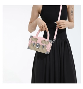 Detail of pink leather trim and straw woven box bag with vintage metal clasp on model