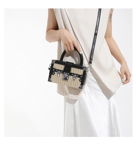 Detailed macro view of retro woven box bag with black leather trim and silver metal hardware
