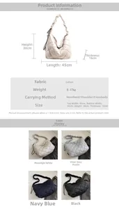 Detailed size chart and dimensions for the large quilted tote bag in various colors