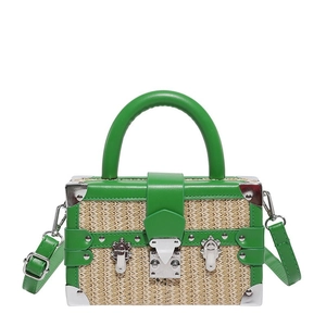 French style straw woven box bag with green leather trim and silver metal hardware