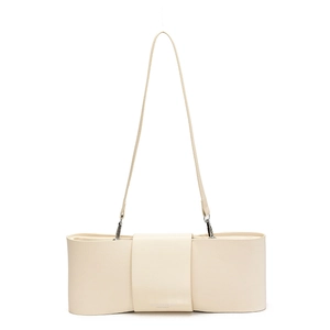 Minimalist cream white leather baguette shoulder bag with stylish rose lettering detail