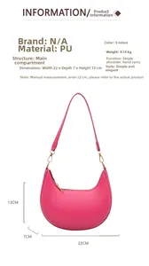 Detailed size chart of the rose pink crescent shoulder bag with 22x7x13cm dimensions