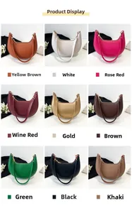 Nine color variants of crescent shoulder bags including brown, white, and green leather