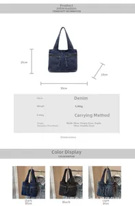Detailed size chart and dimensions for the large capacity washed denim tote bag