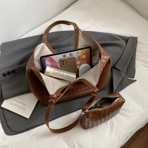 Brown leather woven tote bag set showing large interior space for tablets and phone