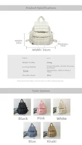 Quilted backpack dimensions 35x34x19cm shown with multiple color options and specs