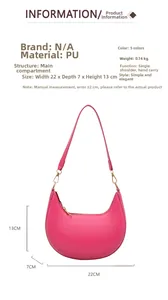 Pink PU leather crescent bag detail with zipper closure and fine shoulder strap dimensions