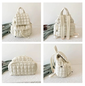 Multi-angle details of beige quilted puffy backpack showing texture and structure