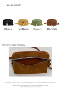 Detail view of mini suede crossbody bag with metal charm and single zipper interior compartment