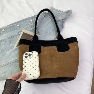 Brown and black suede tote bag with long straps for women's professional daily commute