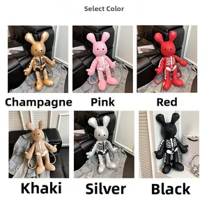 Collage of plush bunny backpacks with skull patterns in six trendy vibrant colors