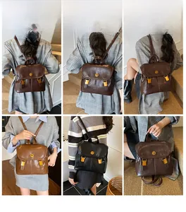 Collage of model wearing vintage PU leather backpack in black, dark brown, and tan colors