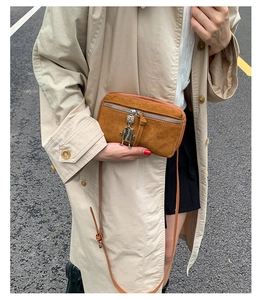 Brown suede crossbody bag with silver robot charm and metal zipper detail