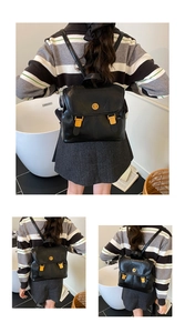 Three-angle lifestyle view of a black leather backpack with gold hardware and flap closure