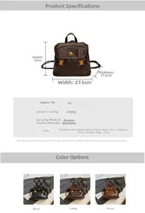 Detailed technical specification table and size chart for retro PU leather backpack