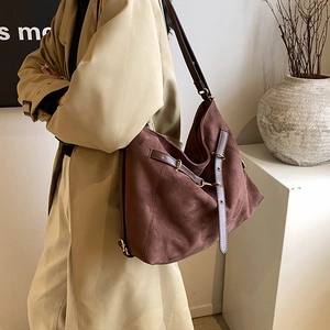 Elegant vintage matte suede shoulder bag in dark coffee brown with adjustable metal buckle