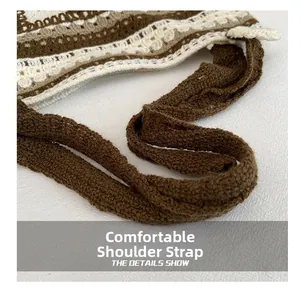 Detail of a wide knitted shoulder strap with geometric patterns on a casual handbag