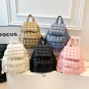 Quilted nylon drawstring backpack for women in khaki blue white black and pink