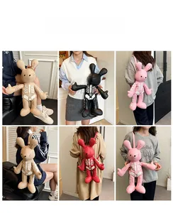 Detailed views of rabbit-shaped backpack with skeleton print in multiple colors