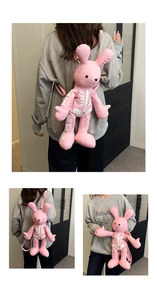 Pink bunny-shaped backpack featuring a unique white skeleton print and gothic street style
