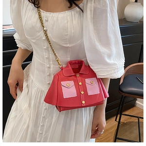 Creative red jacket-shaped crossbody bag with purple pockets and gold chain strap