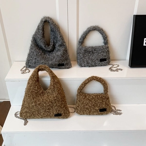 Plush faux fur handbags in grey and brown with elegant metal chain shoulder straps