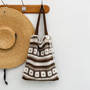 Crochet Knitted Tote Bag Hollow Out Bohemian Shoulder Bag Vintage Ethnic Style Geometric Pattern Large Capacity