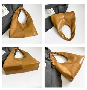 Detailed views of caramel hobo bag featuring mixed leather textures and knotted strap