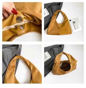 Detail of caramel oil wax leather bag featuring knotted handle and magnetic closure