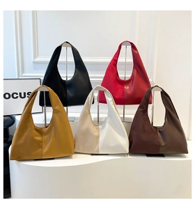 Detail of five stylish tote bags showing color options and mixed suede leather texture
