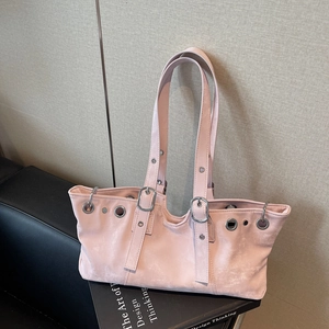 Sac à main rétro rose clair grande capacité avec bords ondulés et œillets métalliques
