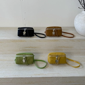 Minimalist faux suede small square crossbody bag in four colors with robot pendant