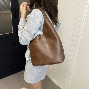 Bolso tipo cubo vintage marrón oscuro de piel sintética, bolso de hombro grande