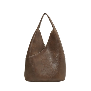 Bolso tipo cubo de cuero marrón retro con abertura en V y diseño de gran capacidad