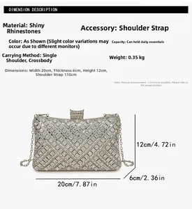 Detailed size chart of the luxury sparkling rhinestone evening clutch bag with chain strap