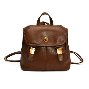 Vintage brown PU leather backpack for women with flap cover and golden metal buckle